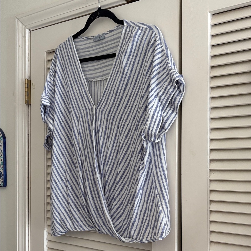 Elegant Blue Striped V-Neck Blouse